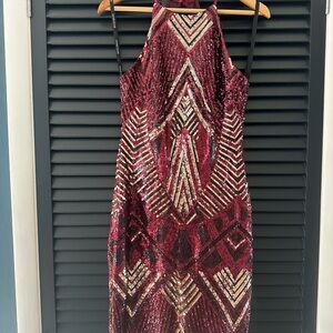 Bisou Bisou Maroon and Gold Geometric Sequin Backless Dress